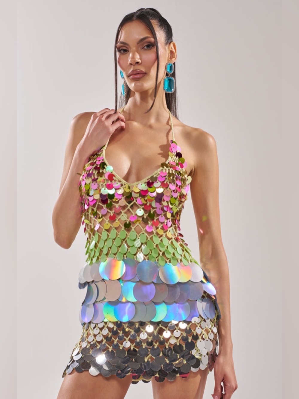 Sequined Halter Festival Dress - Iridescent Multicolor
